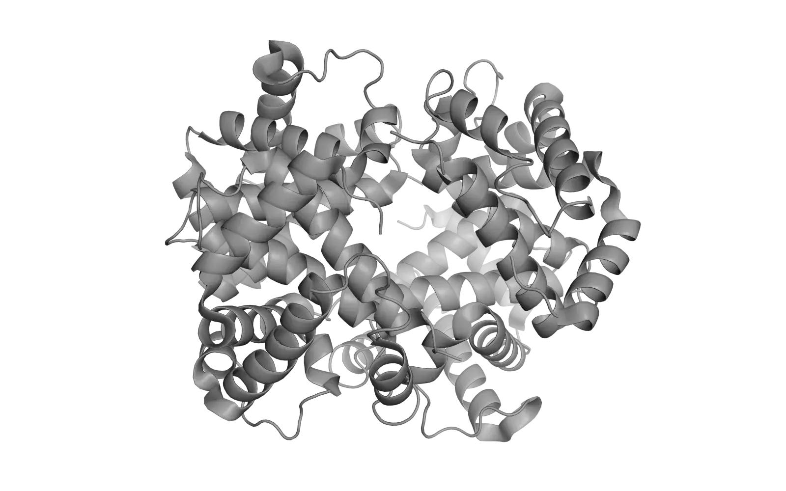 Haemoglobin tetramer, grey cartoon before and four separately coloured chains with heme groups after.