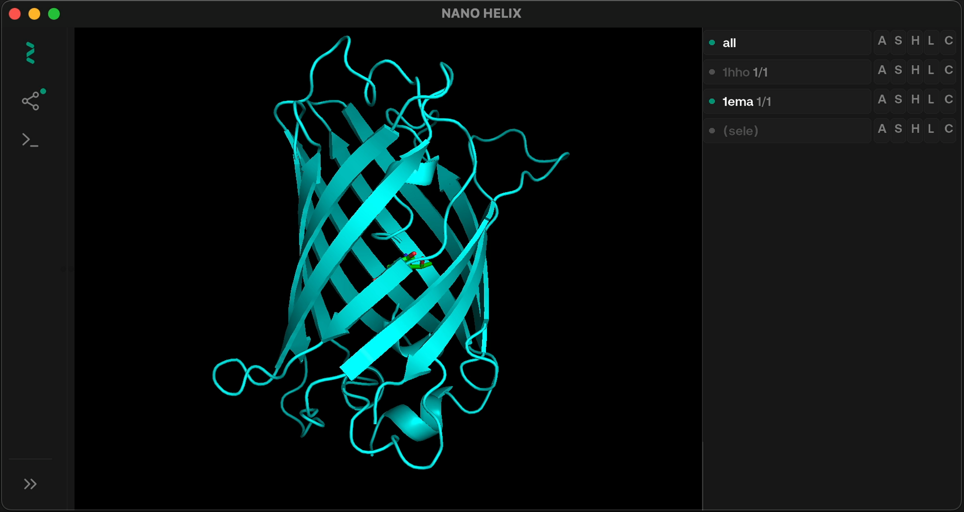 The Nano Helix window: a collapsed icon sidebar on the left, GFP rendered as a cyan beta barrel in the viewer, and the restyled object panel on the right.